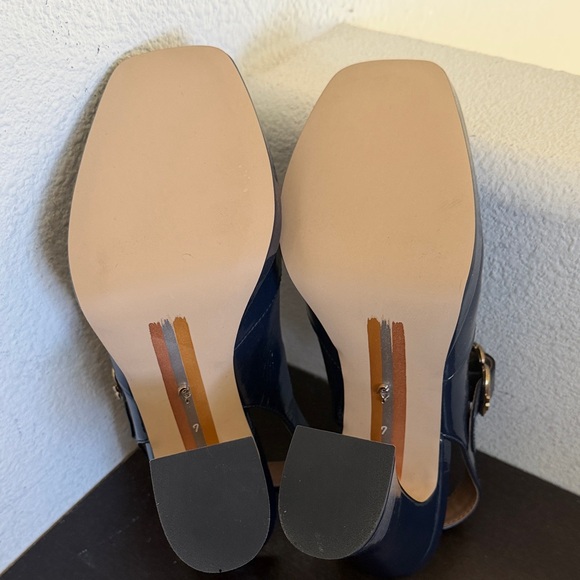 NWOT Sam Edelman Navy Patent Mary Jane Slingback Heels with Gold Buckle Accent - Picture 7 of 11
